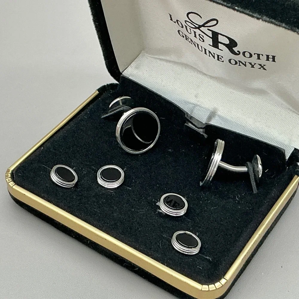 Louis Roth Cufflinks Genuine Onyx Silver Tone Tuxedo Shirt Stud Set Vintage Box